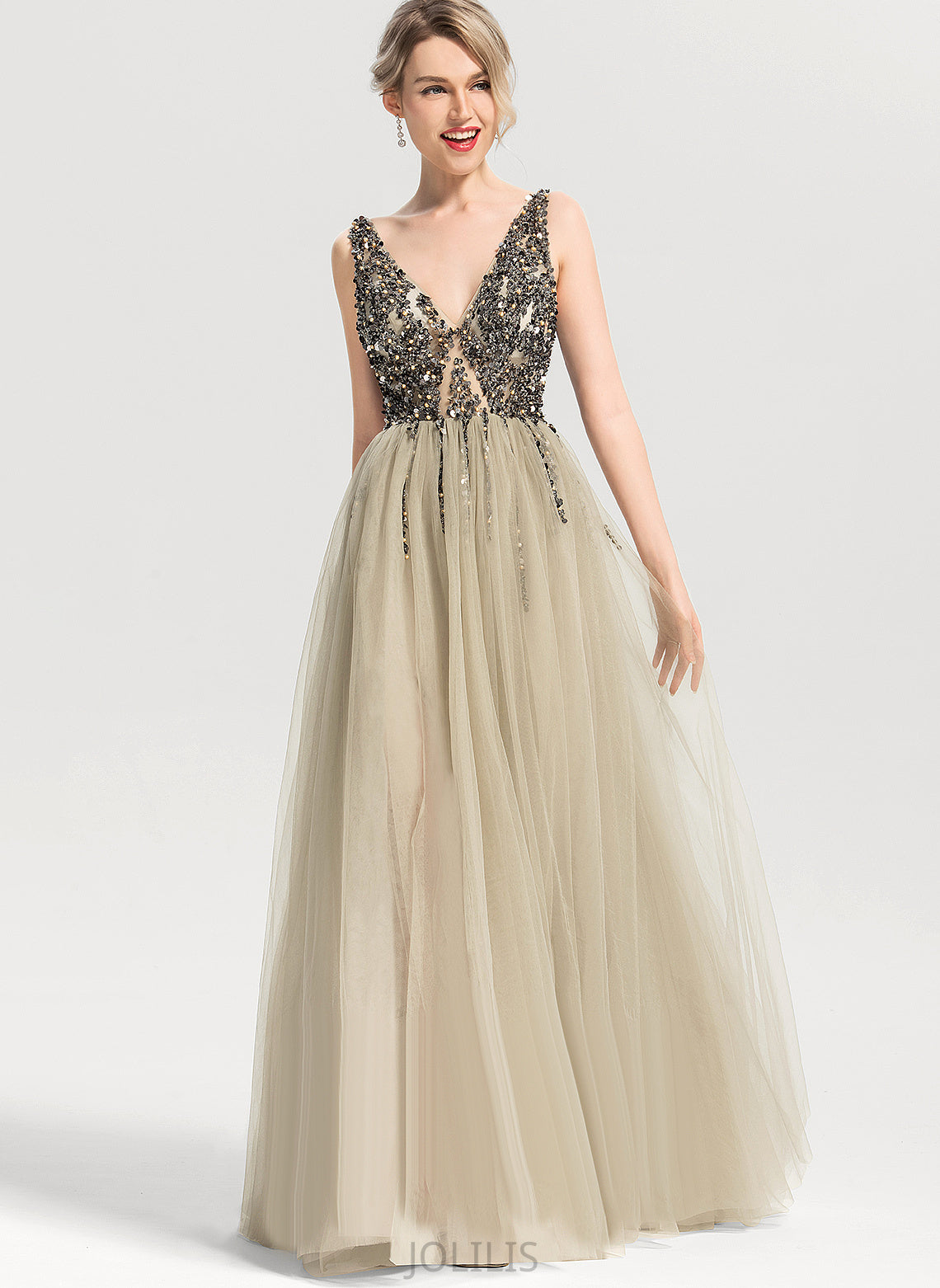 A-Line Tulle Sequins With Louise Floor-Length Prom Dresses V-neck Beading