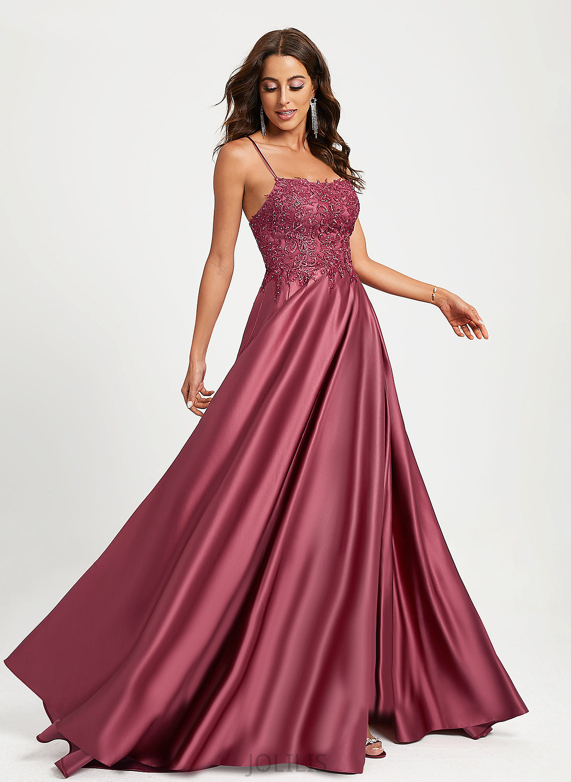 Sweep A-Line Satin Sequins Train With Beading Prom Dresses Jaylynn Square