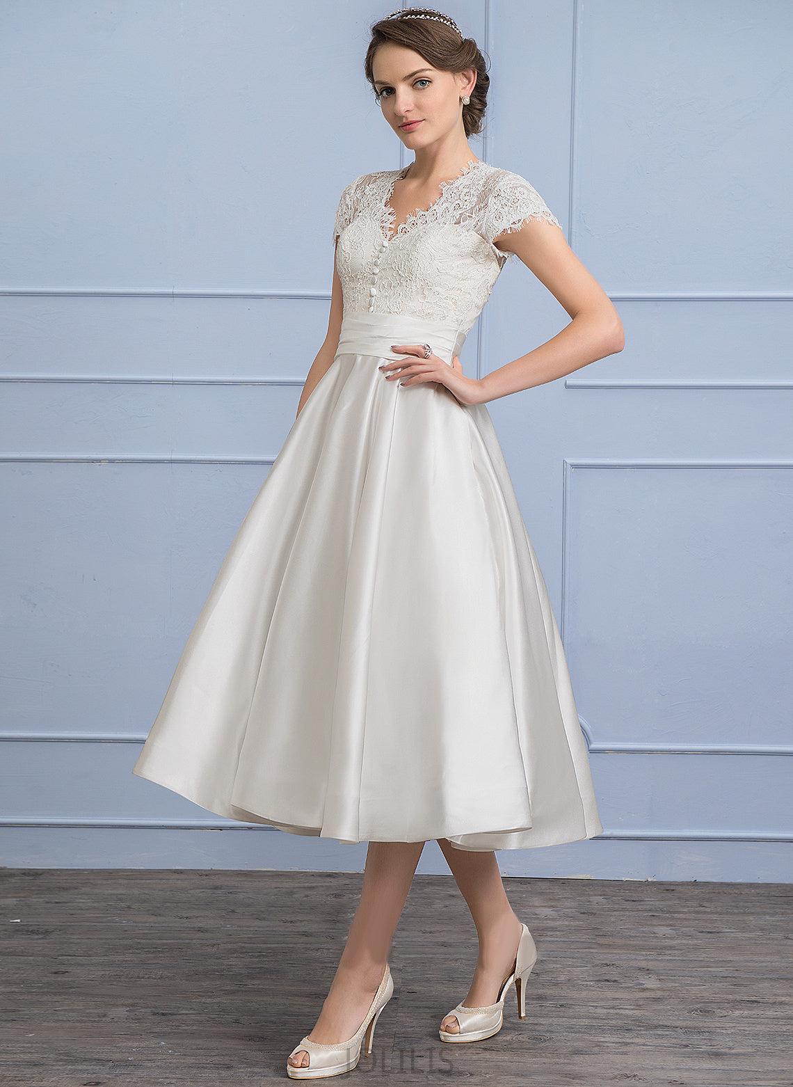 Norma With Wedding Dresses Dress A-Line V-neck Satin Pockets Ruffle Lace Tea-Length Wedding