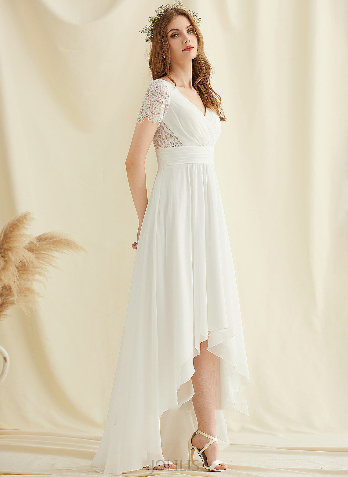 Jadyn Chiffon Asymmetrical Lace Wedding Dresses A-Line V-neck Wedding Dress