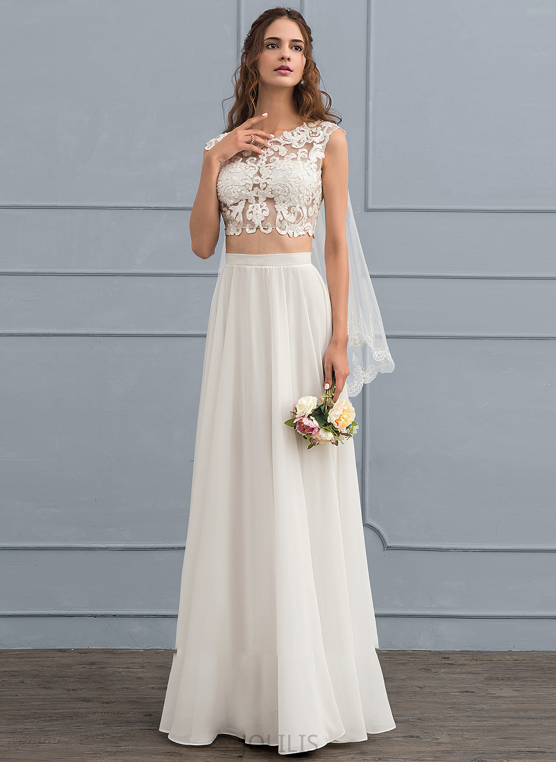 A-Line Veronica Scoop Dress Sequins Wedding Dresses Beading Floor-Length Chiffon With Neck Wedding