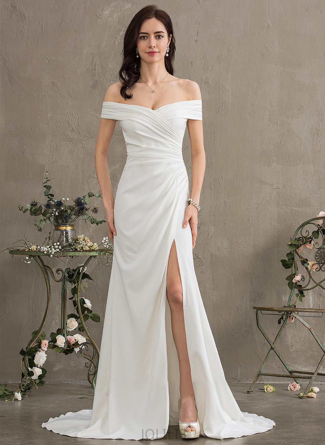 Wedding Dresses Front Sheath/Column With Train Off-the-Shoulder Wedding Stretch Split Crepe Dress Lilyana Ruffle Sweep