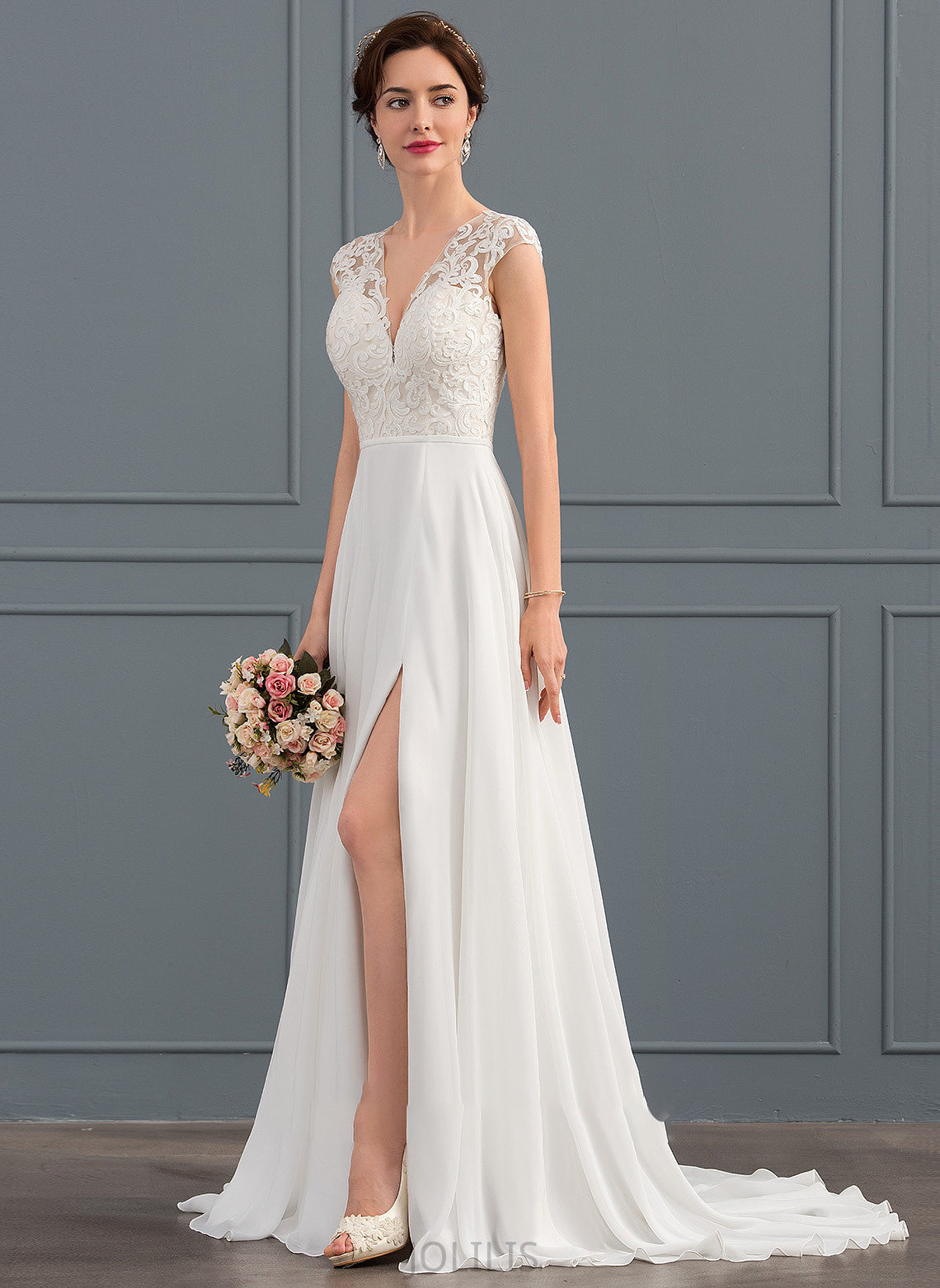 Dress V-neck Wedding Dresses A-Line Sweep Wedding Split Front Train With Delaney Chiffon