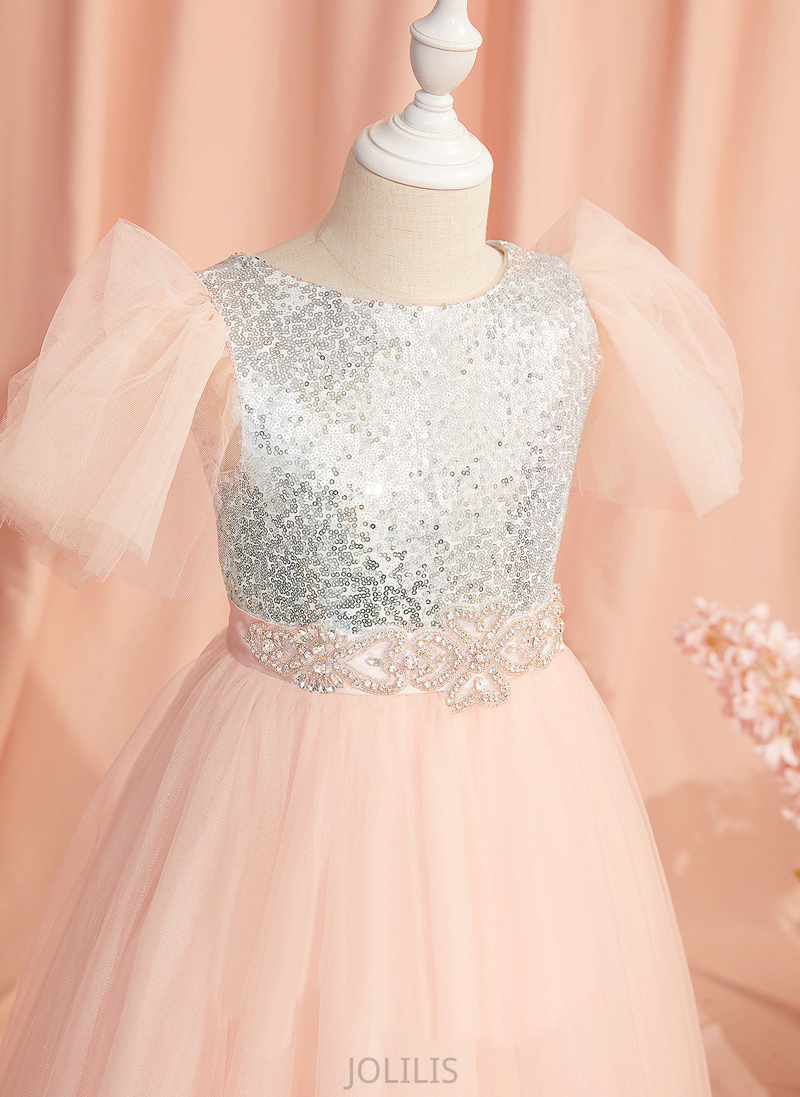 Judy Flower Scoop Flower Girl Dresses With Dress Girl Short Neck Floor-length Beading/Sequins/Bow(s) - Tulle/Sequined Ball-Gown/Princess Sleeves