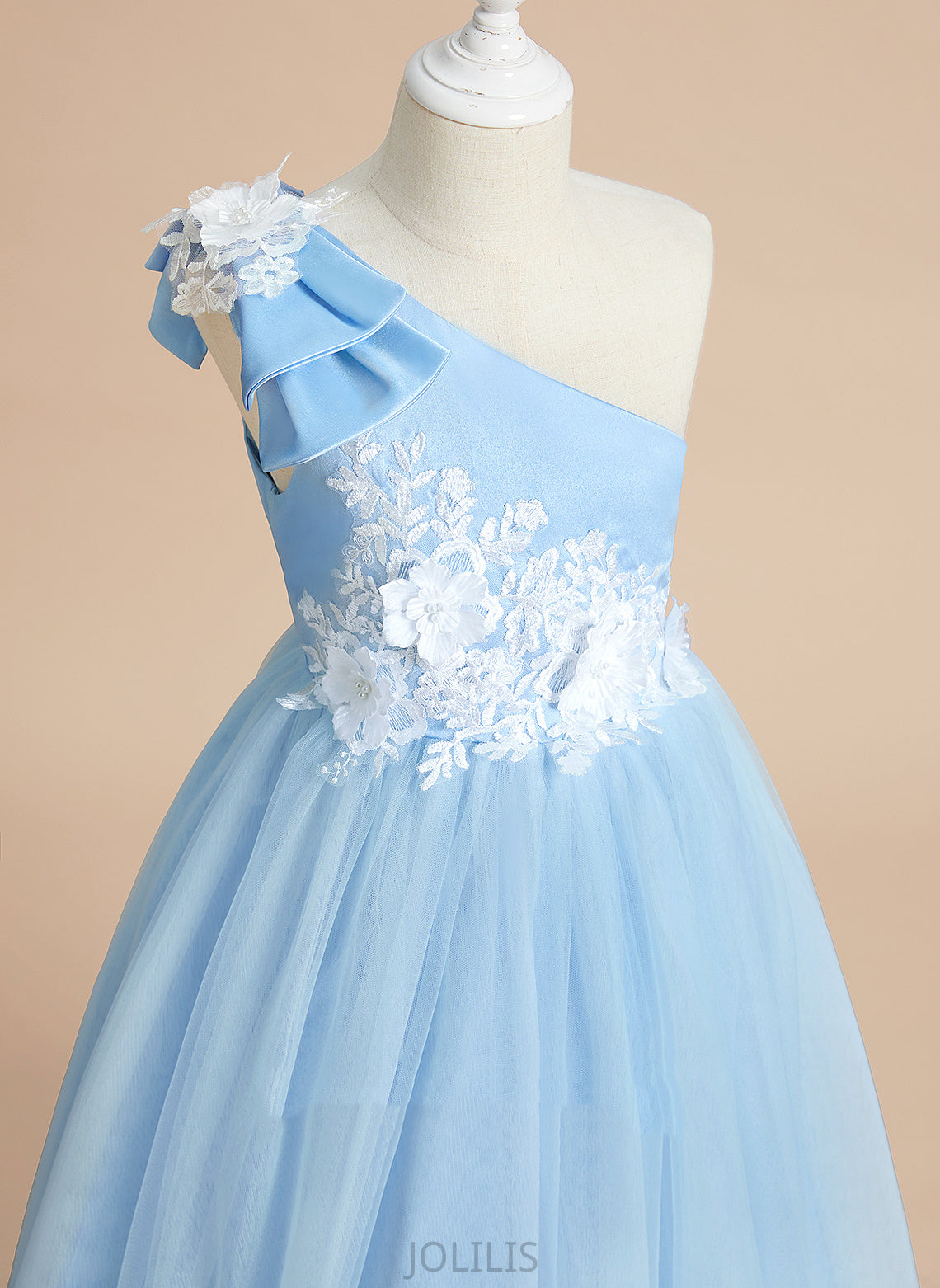 Lace/Bow(s) With One-Shoulder Kenzie Floor-length Ball-Gown/Princess Dress Flower Girl Dresses - Sleeveless Satin/Tulle Flower Girl