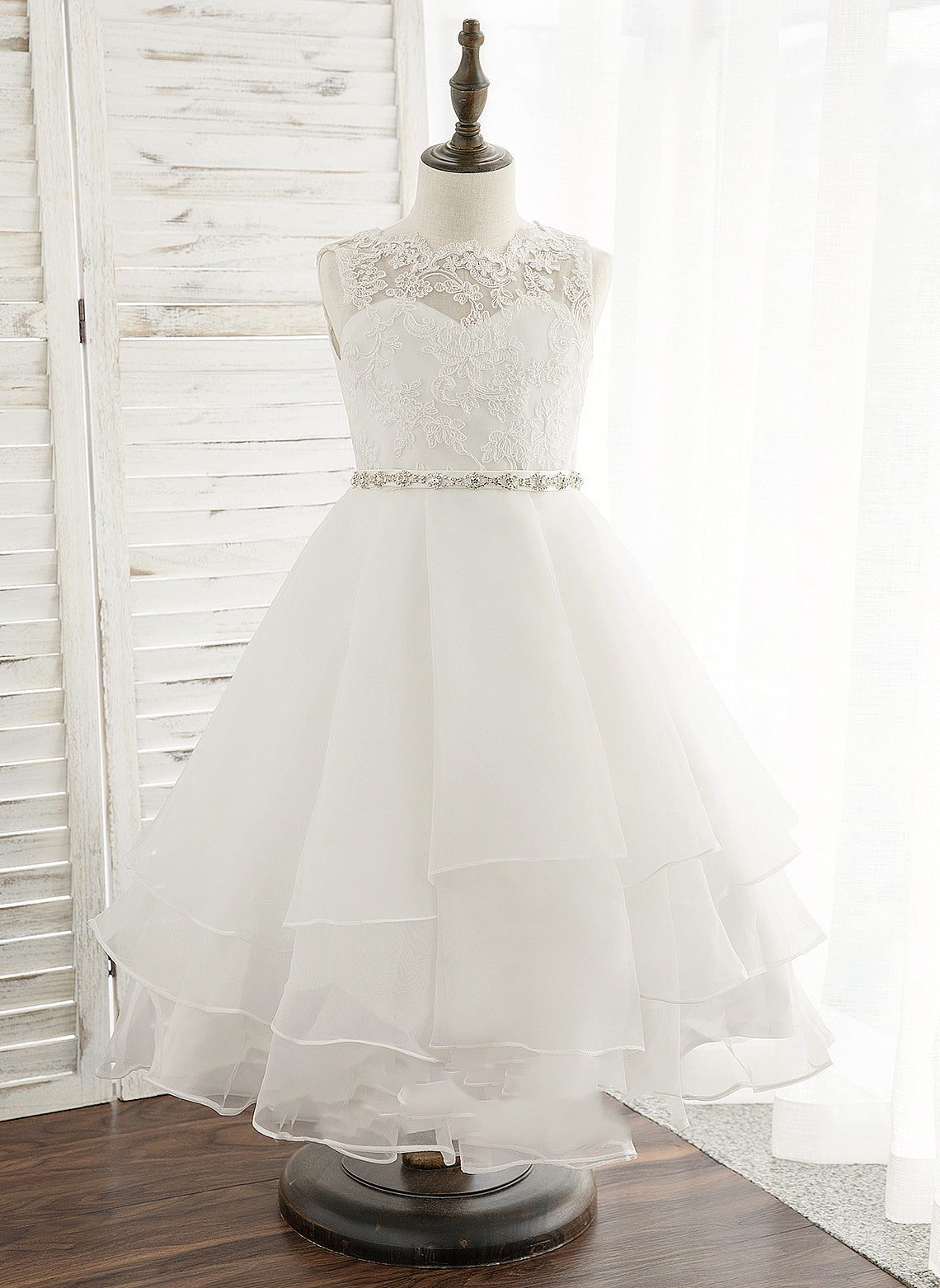 Essence Tea-length Flower Girl Dresses Sleeveless Neck With A-Line - Scoop Dress Flower Organza/Lace Beading/Rhinestone Girl