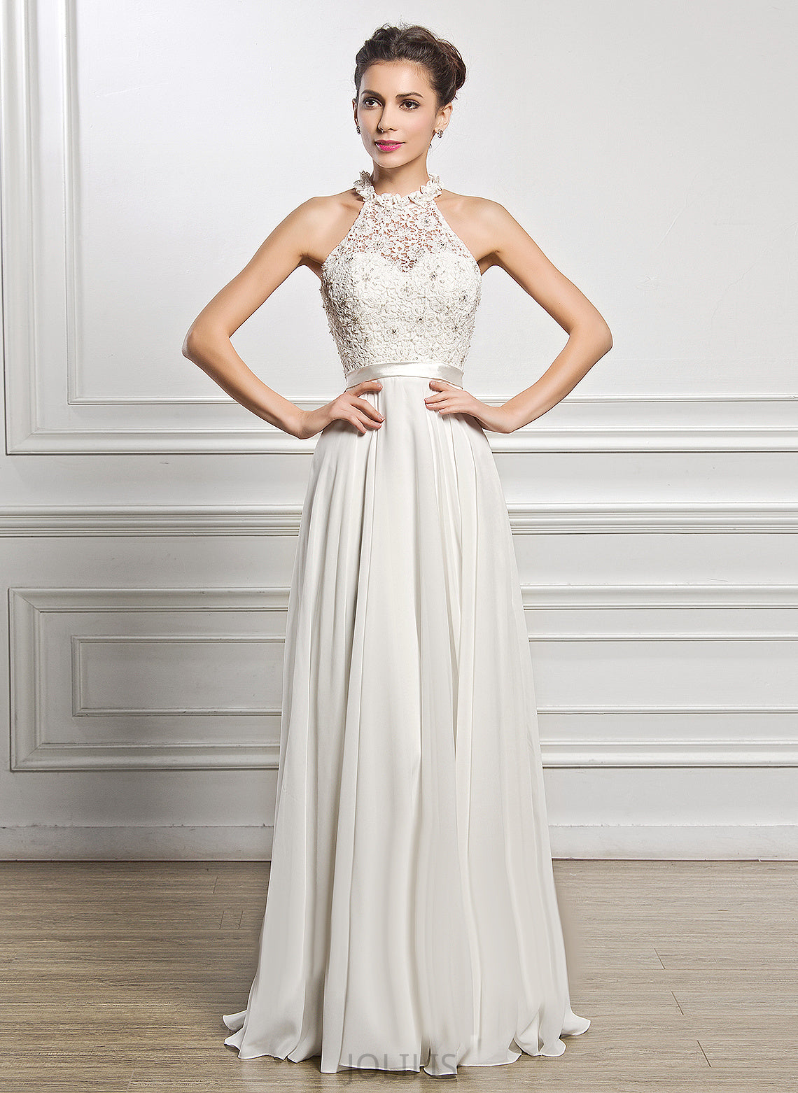 Wedding With Floor-Length A-Line Lace Chiffon Scoop Dress Neck Wedding Dresses Kaitlyn Beading Sequins