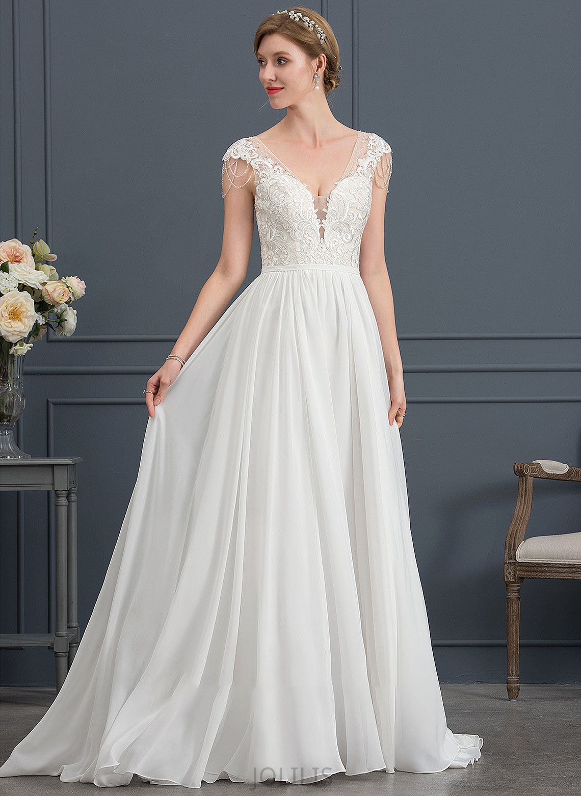 With Wedding Dresses Dress Train Beading Sweep Wedding Chiffon Corinne V-neck Sequins A-Line