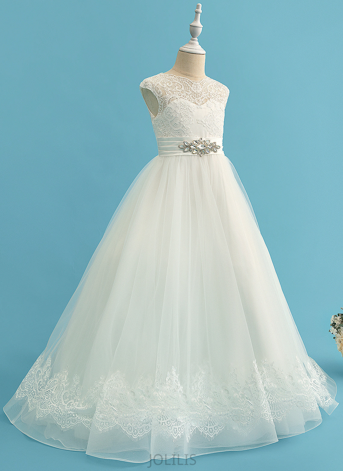 Satin/Tulle/Lace Flower Girl Dresses Train Flower Neck With Sweep Dress Ball-Gown/Princess - Scoop Sleeveless Beading Yvonne Girl