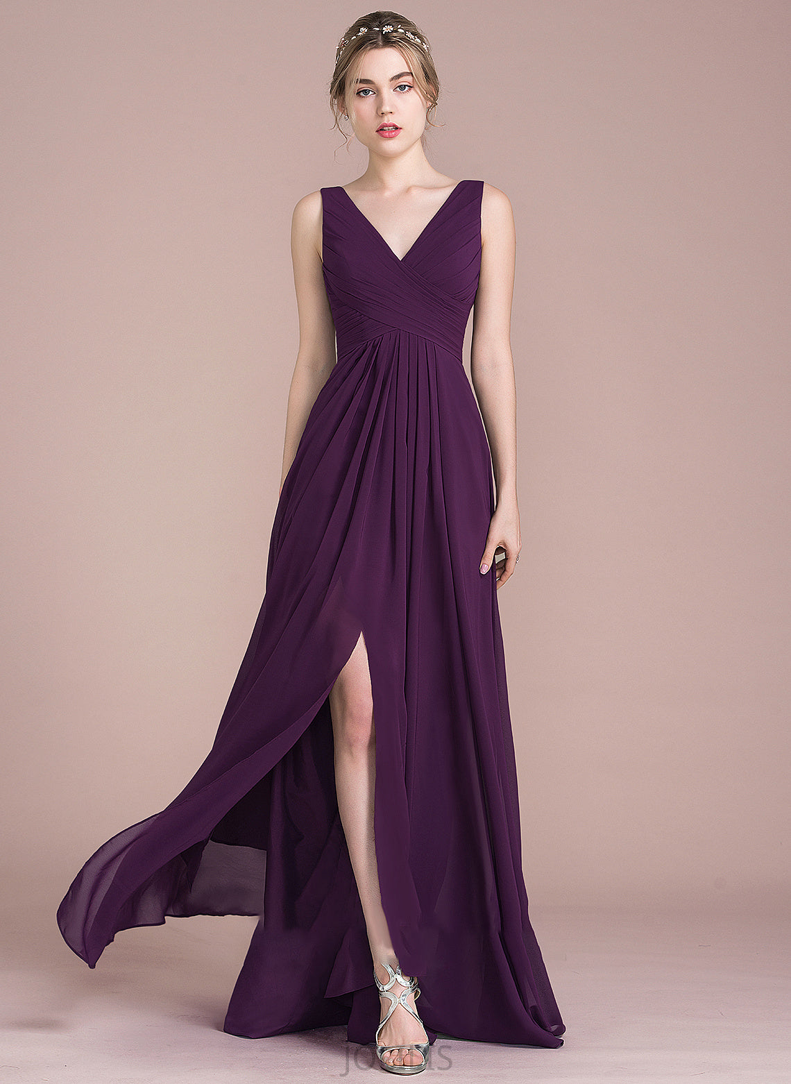 A-Line Split Ruffle Prom Dresses Chiffon V-neck Floor-Length With Reyna Front