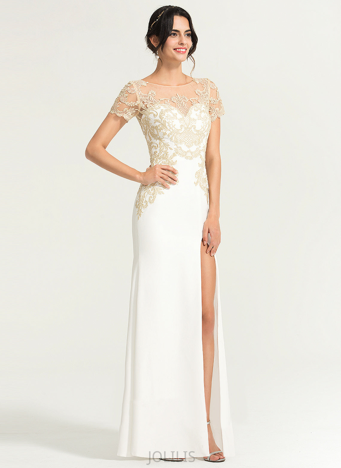 With Stretch Floor-Length Scoop Crepe Neck Sheath/Column Jess Front Dress Lace Wedding Dresses Split Wedding