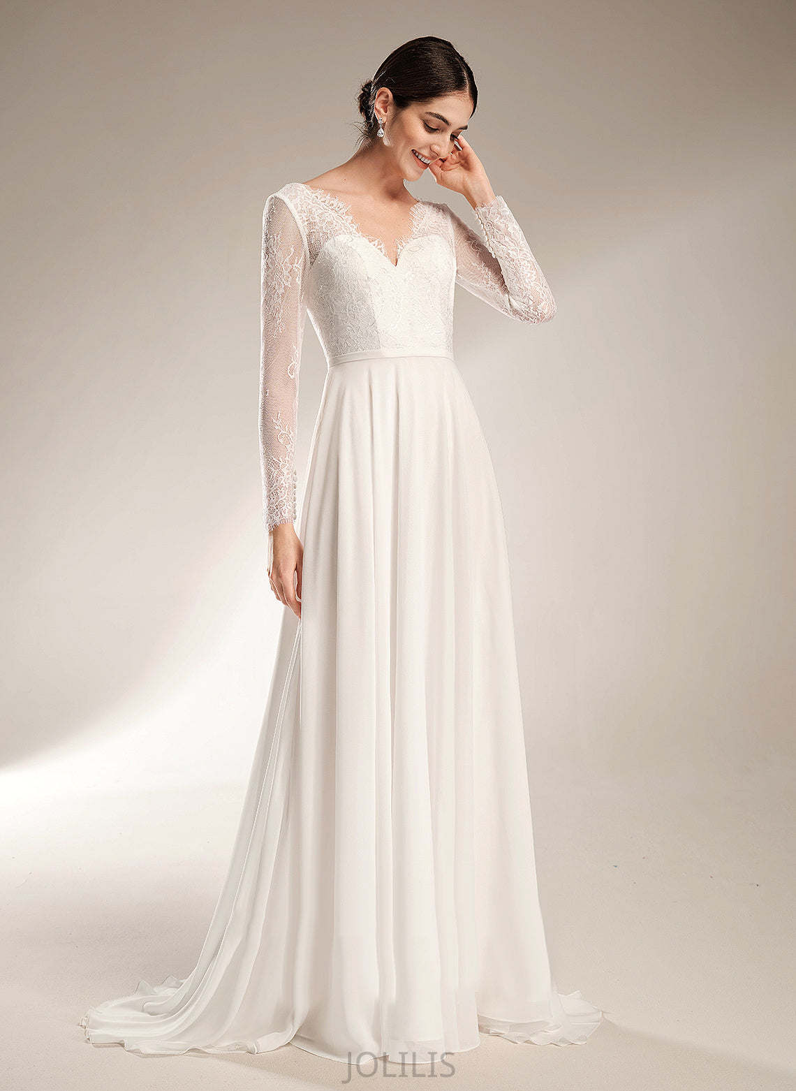 Dress Wedding Wedding Dresses Lace Train Chiffon Sweep A-Line V-neck Izabella