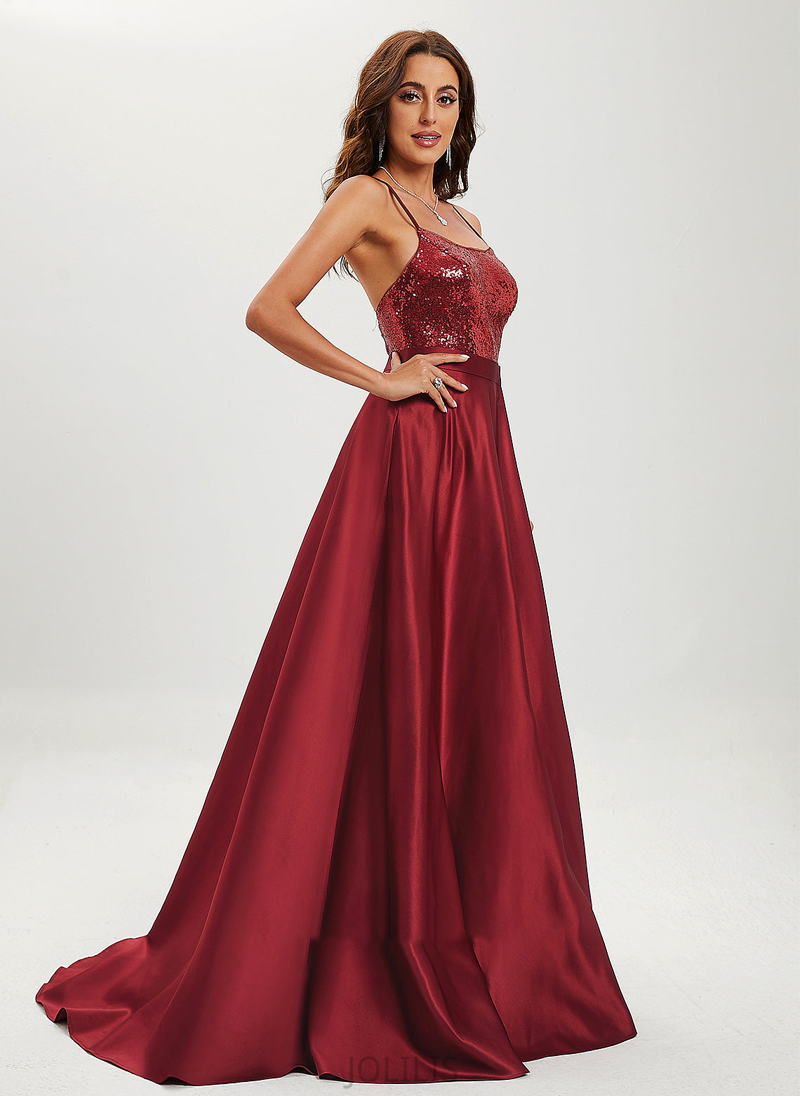 Scoop Sequins Satin Train Prom Dresses Marisol With Ball-Gown/Princess Sweep Neck