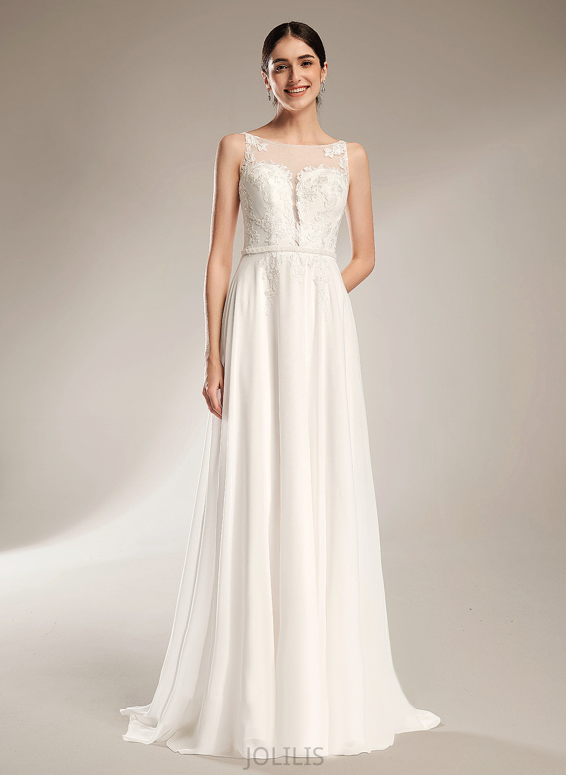 Train Chiffon Dress Sequins A-Line Lace Wedding Illusion With Ximena Sweep Wedding Dresses