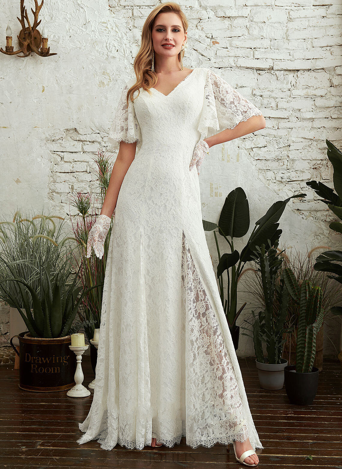 Wedding V-neck Lace With Wedding Dresses Sweep Split Lydia Train Dress Sheath/Column Front