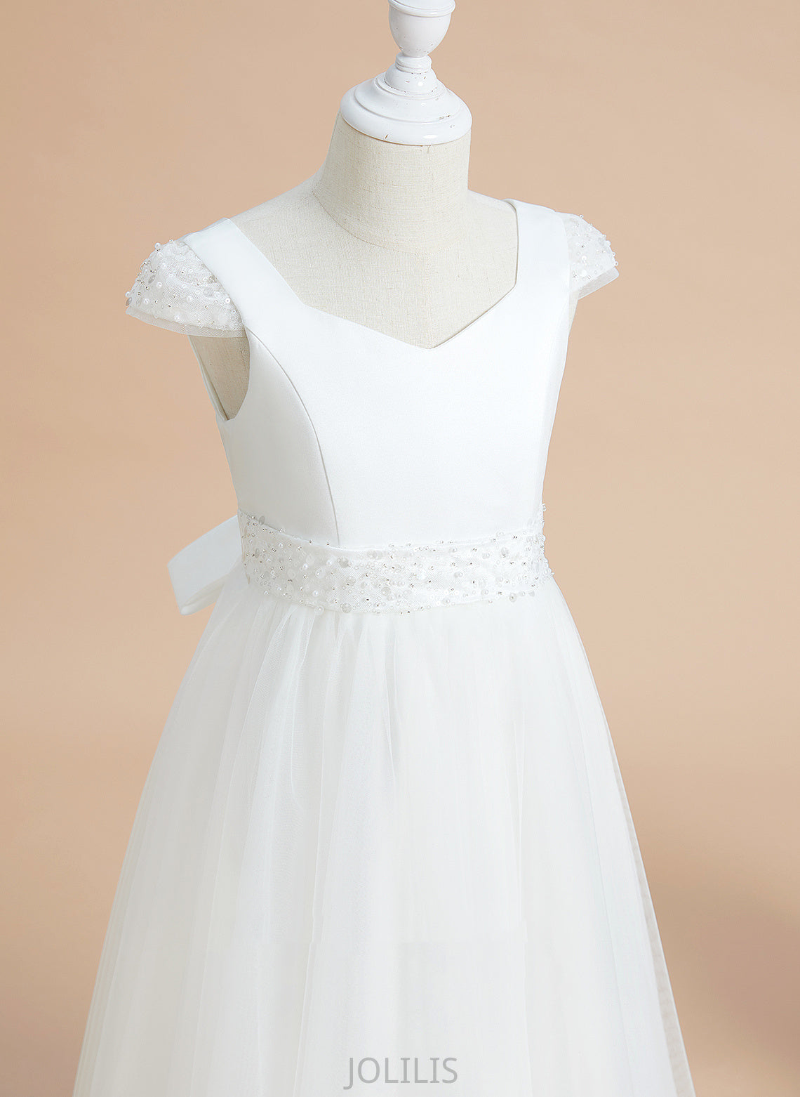 V-neck With Satin/Tulle Dress Ball-Gown/Princess - Girl Flower Girl Dresses Beading/Bow(s) Floor-length Sleeves Kit Flower Short