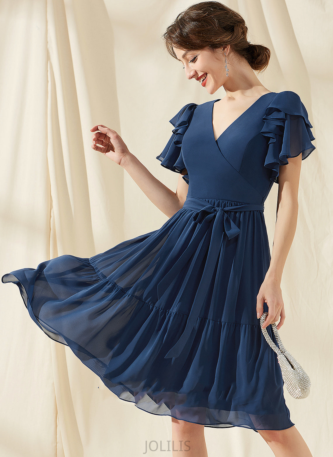 Homecoming Dresses Lilith With Homecoming V-neck Cascading A-Line Bow(s) Dress Chiffon Ruffles Knee-Length