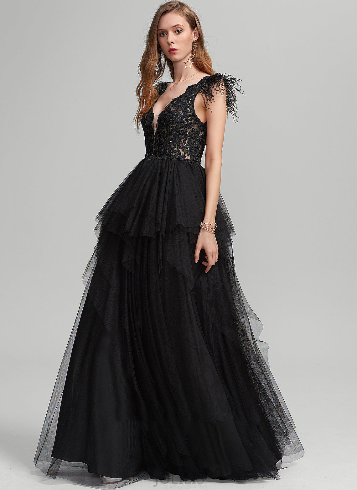 Feather Sequins Ball-Gown/Princess Prom Dresses With V-neck Floor-Length Tulle Haylee