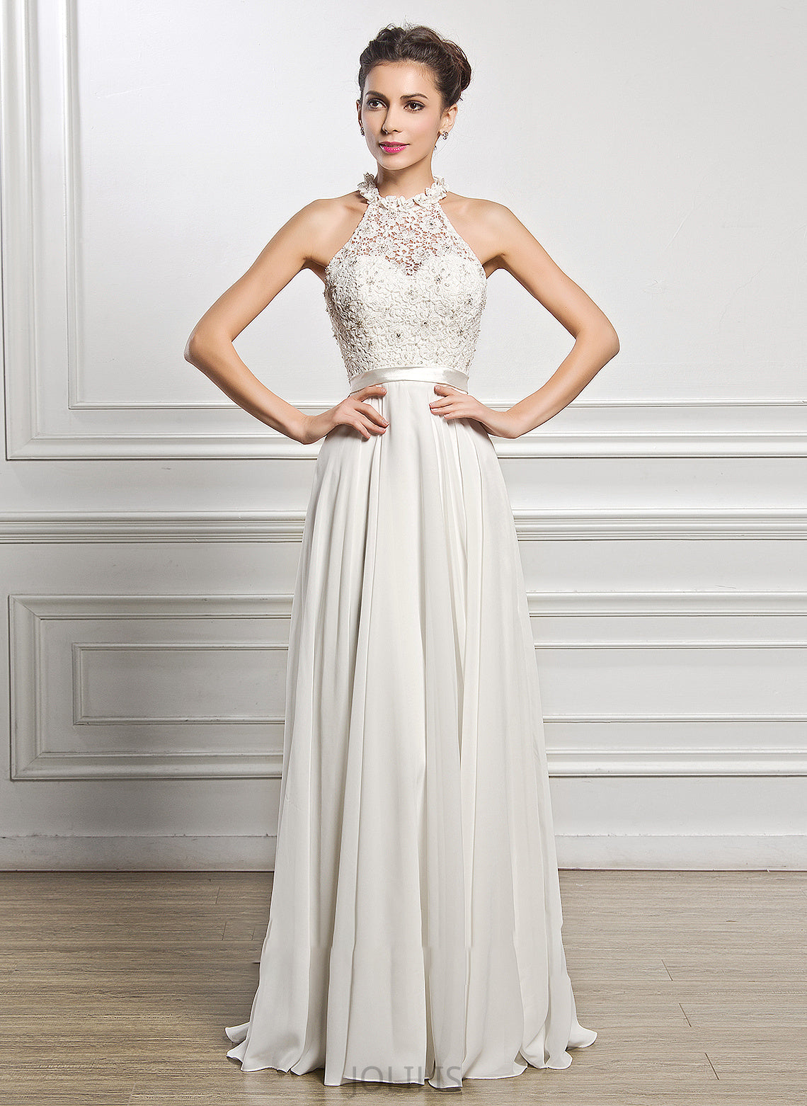 Chiffon Ingrid Beading Floor-Length Wedding Dress Sequins A-Line Neck Scoop Wedding Dresses With