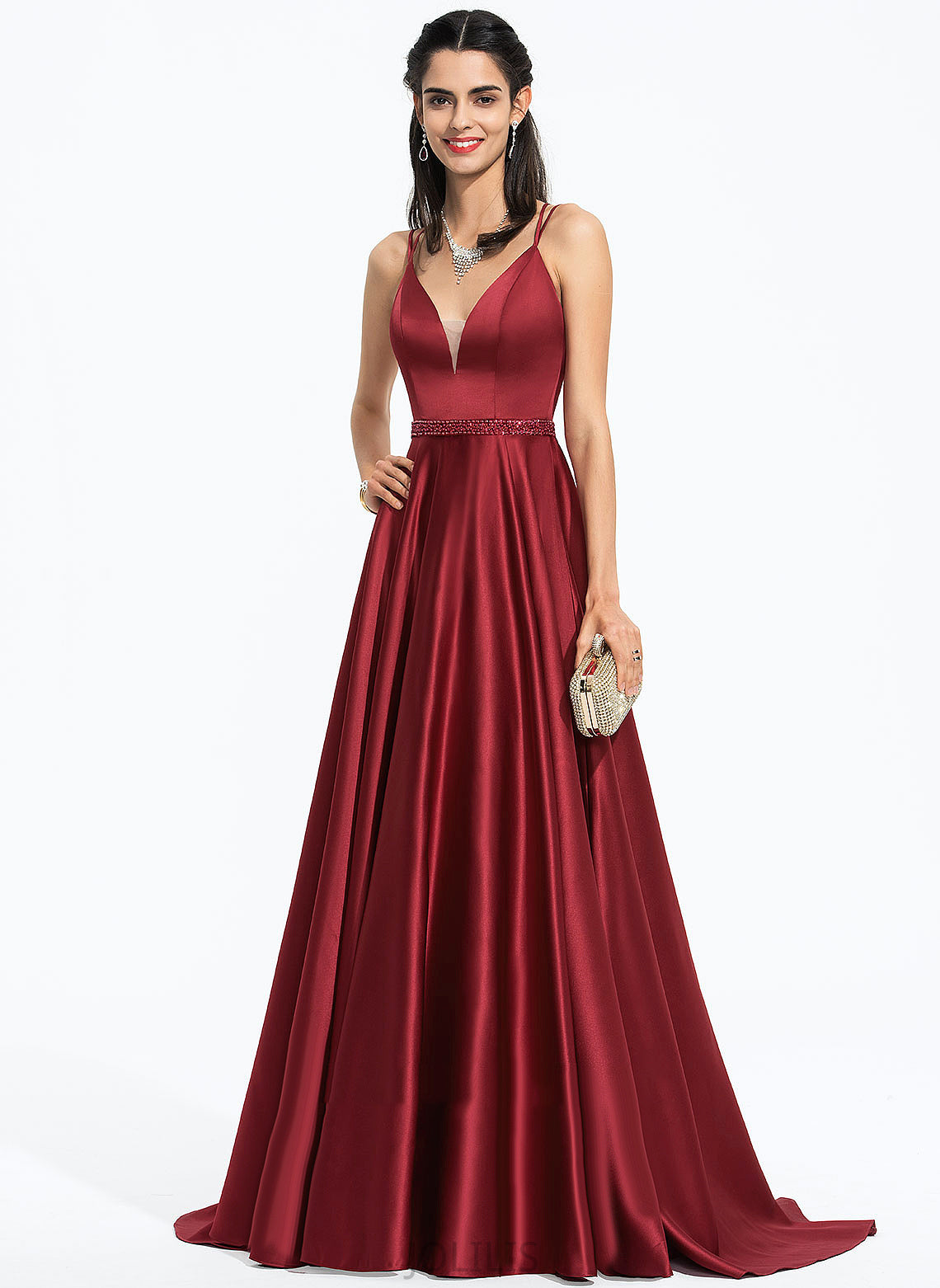 Satin Train Beading Nayeli With Sequins Sweep V-neck Prom Dresses A-Line