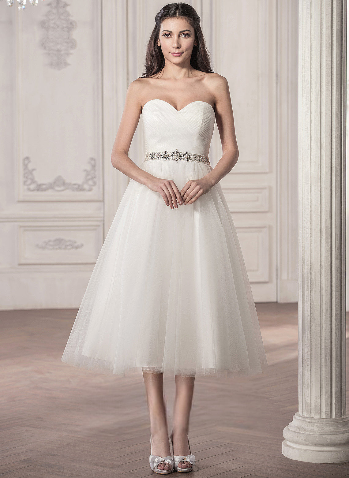 Sweetheart With Tea-Length A-Line Ruffle Wedding Tulle Dress Beading Satin Helga Sequins Wedding Dresses