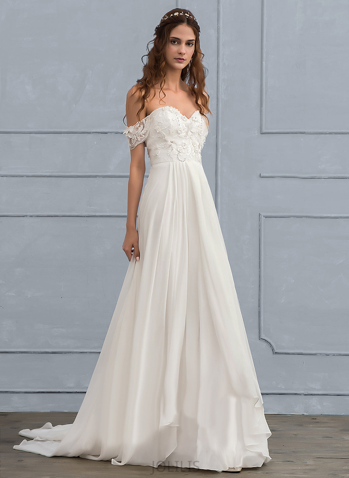 Wedding Dresses Dress Train Flower(s) Wedding Nyla Off-the-Shoulder Sweep Beading With Chiffon Lace A-Line