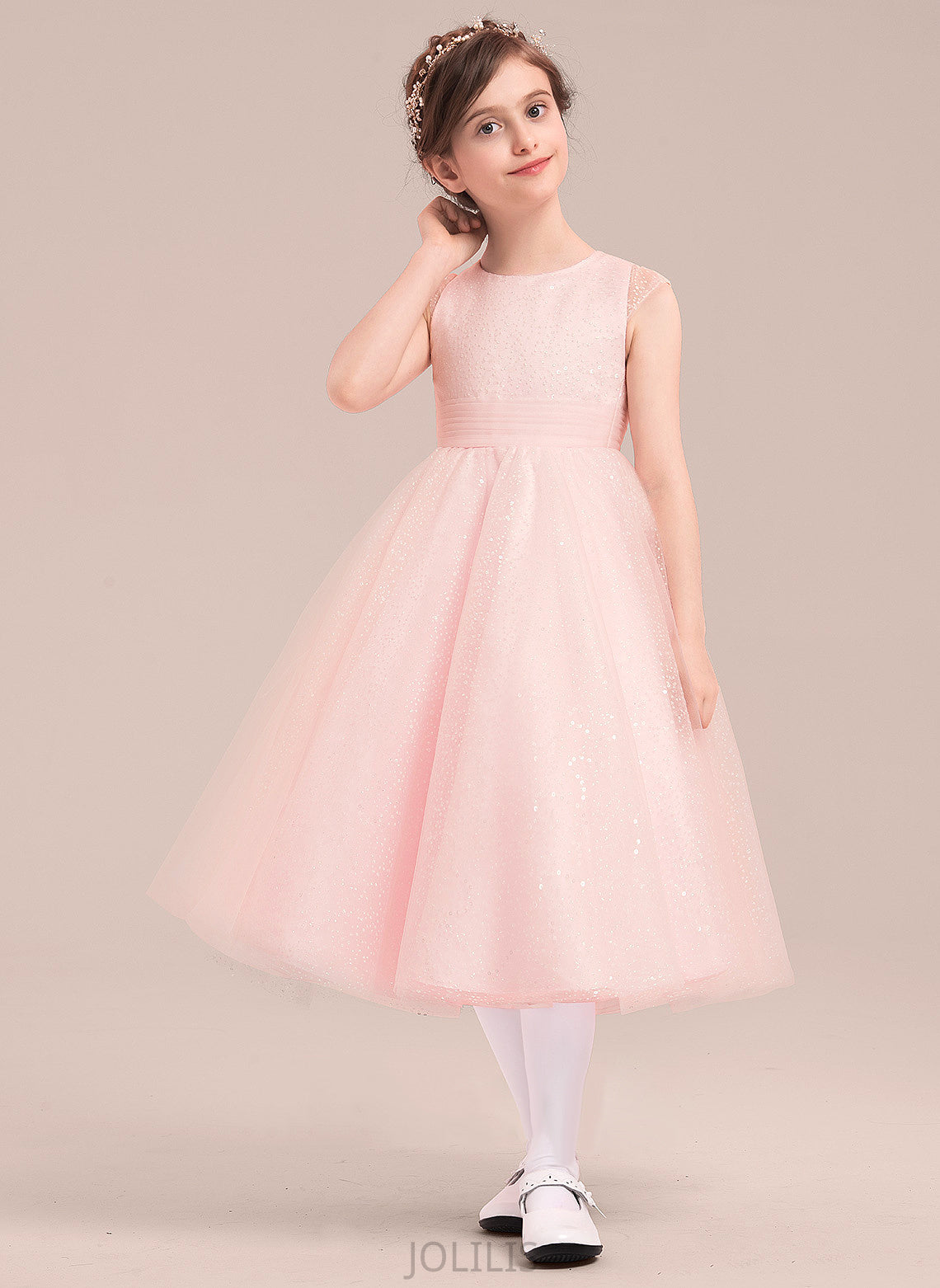 Girl Lina Tea-length Tulle With Dress Flower A-Line/Princess Bow(s) Neck Flower Girl Dresses - Sleeveless Scoop