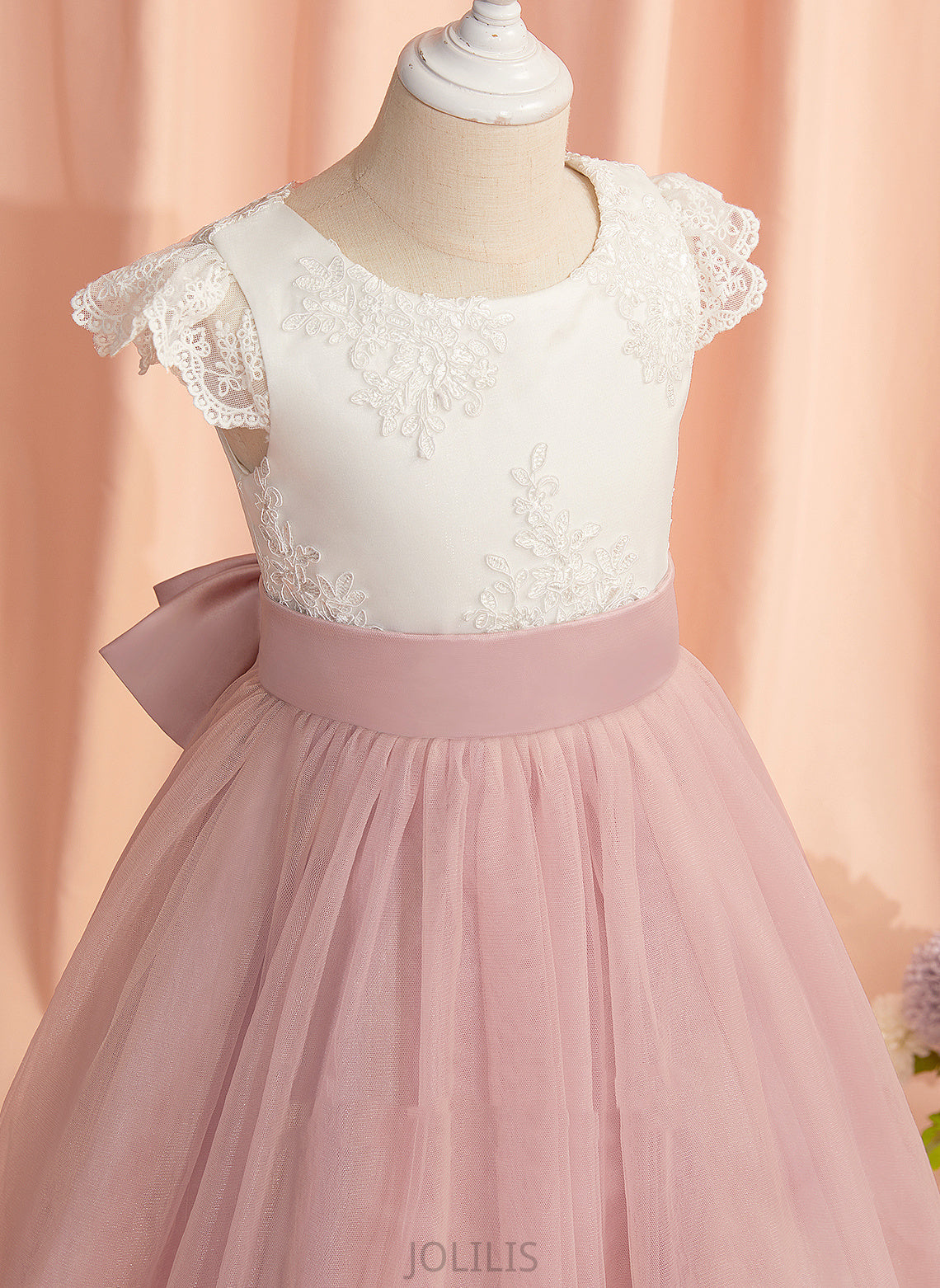 Lace/Bow(s) Scoop With Flower Brynn Neck Short Flower Girl Dresses A-Line Dress - Sleeves Tulle Knee-length Girl