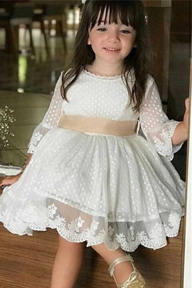 A Line 3/4 Sleeve Lace Flower Girl Dresses Above Knee Baby Dress with Sash F083