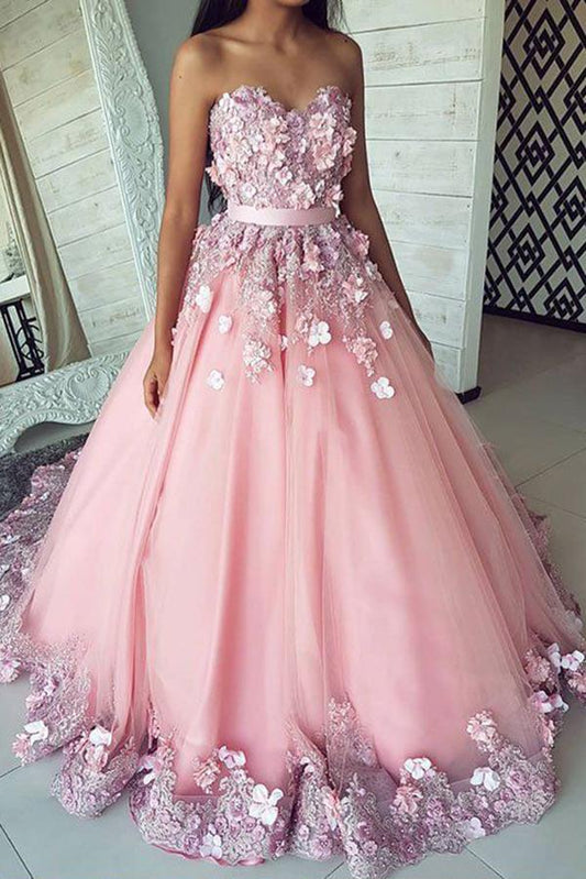 Puffy Sweetheart Tulle Prom Dress with Flowers, Princess Sweep Train Appliqued Party Dress N1284