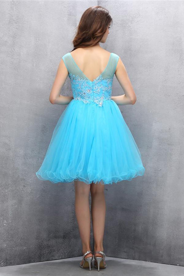 Knee-length Blue Organza Homecoming Dress with Appliques Sequins ED86