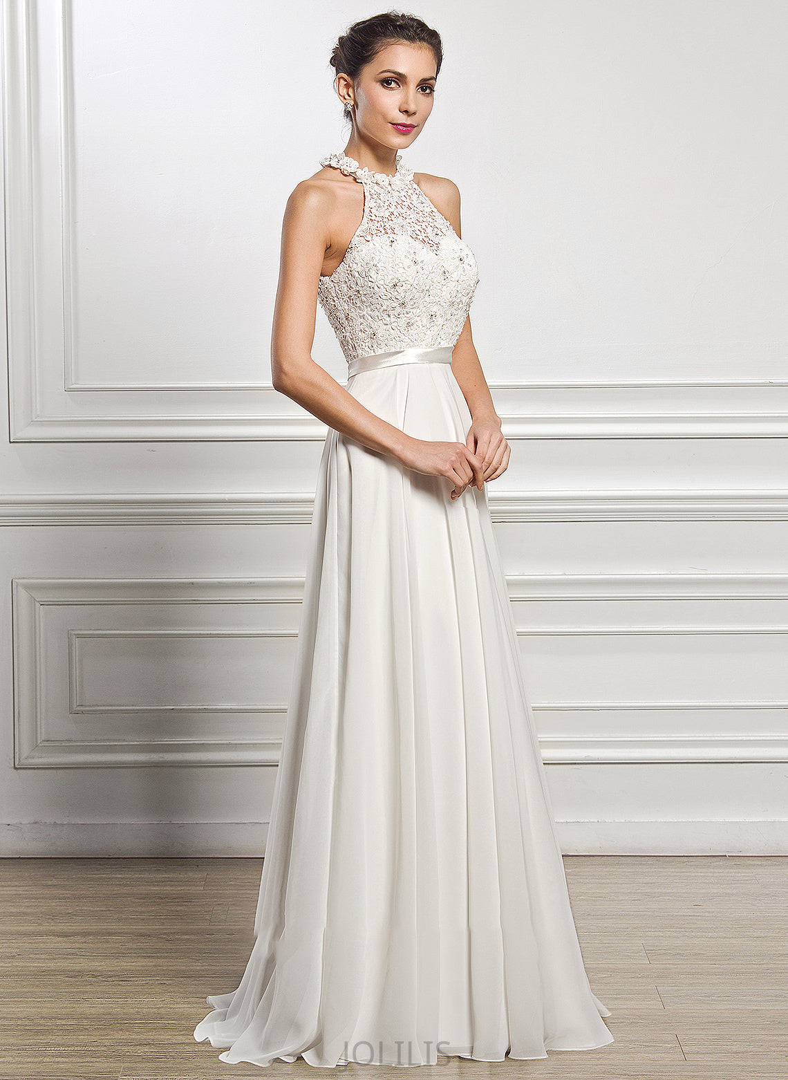 Chiffon Ingrid Beading Floor-Length Wedding Dress Sequins A-Line Neck Scoop Wedding Dresses With