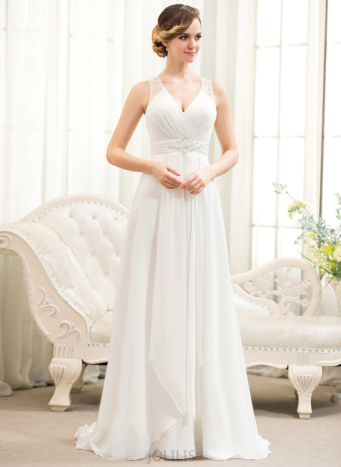 Chiffon Beading Wedding Sweep Cascading Train A-Line Ruffles With Sequins Wedding Dresses Dress V-neck Tulle Macey