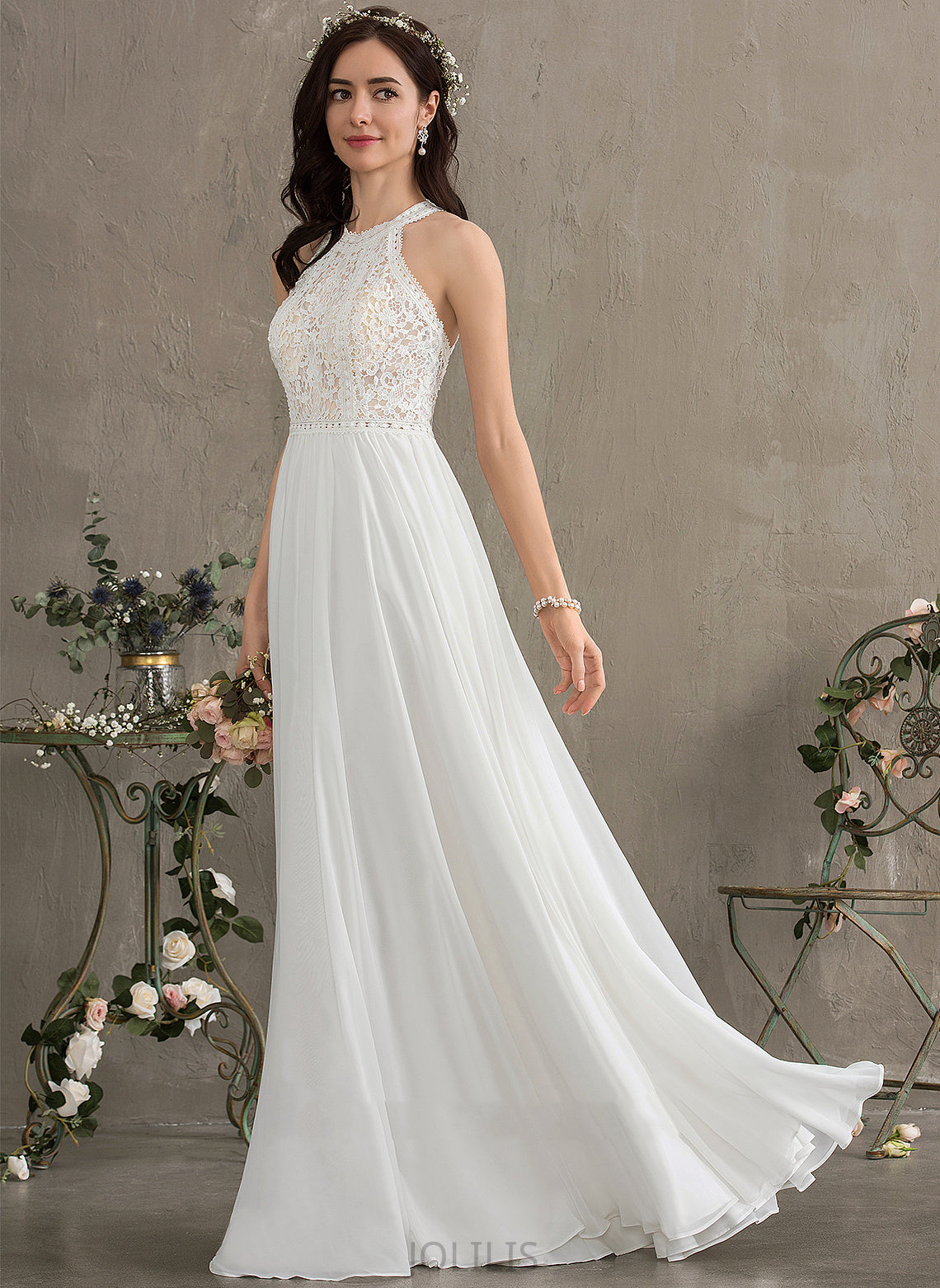 Scoop Chiffon Paula Wedding Dresses A-Line Neck Floor-Length Dress Wedding Lace