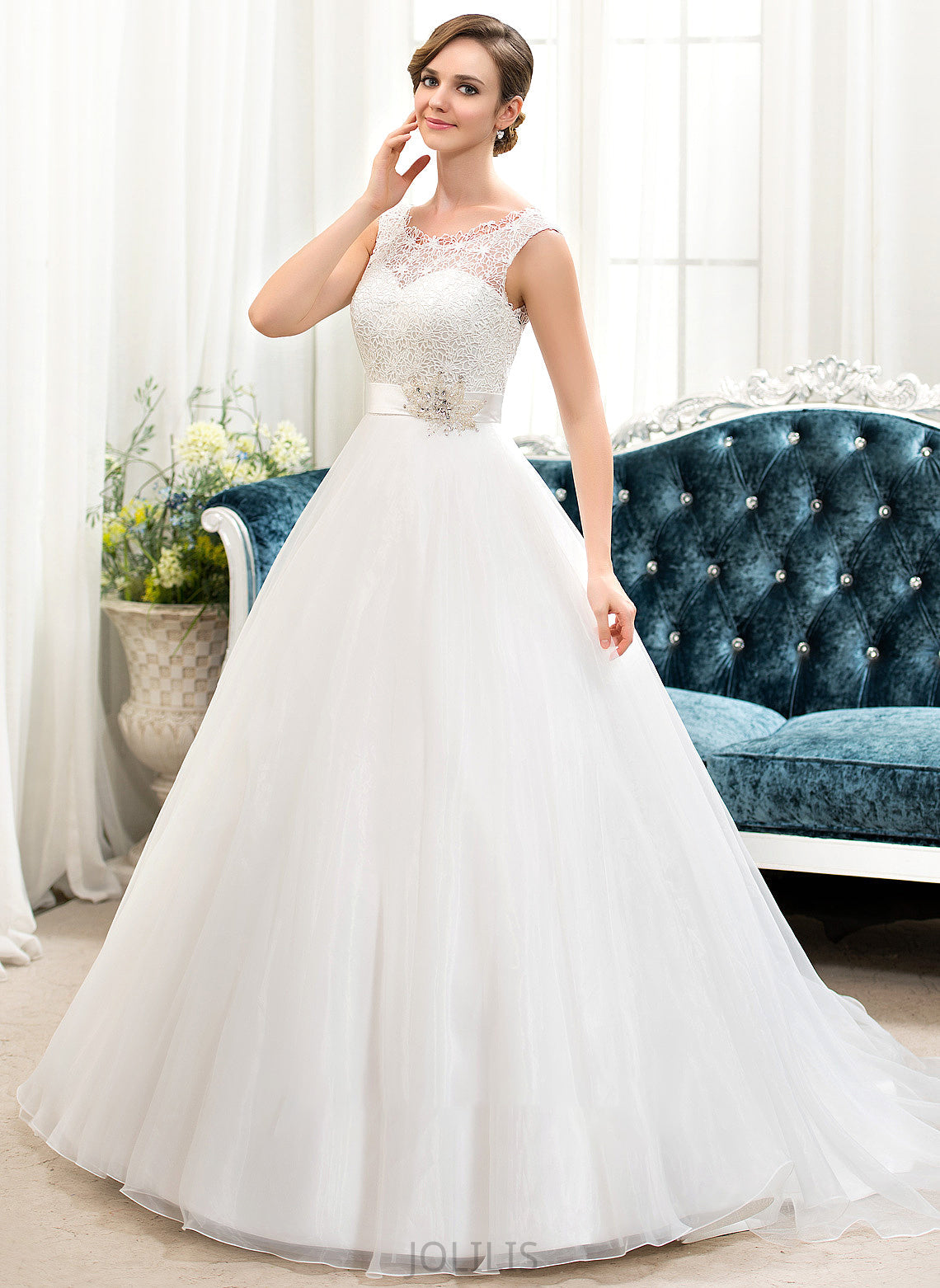 Sweep Mallory Train Scoop Neck Organza Ball-Gown/Princess Sequins Dress Wedding Lace Beading Wedding Dresses With