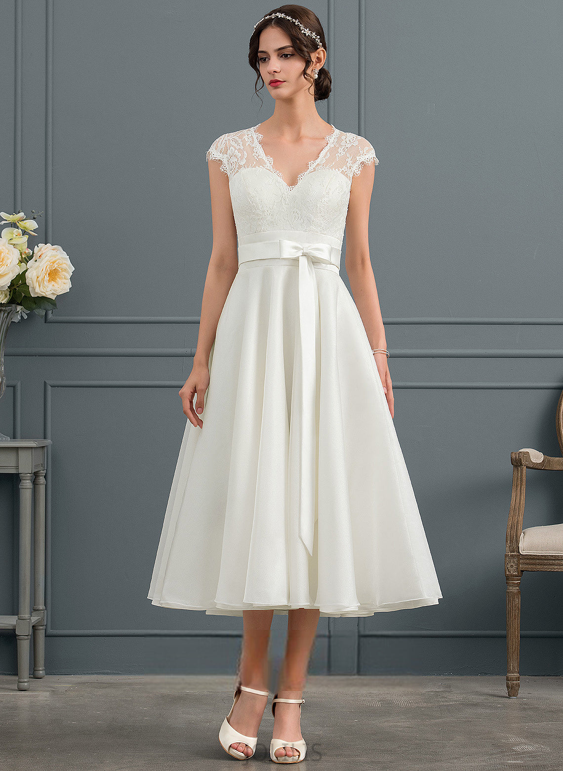 Lace Tea-Length With V-neck Bow(s) Wedding Dresses Dress Satin Carmen A-Line Wedding