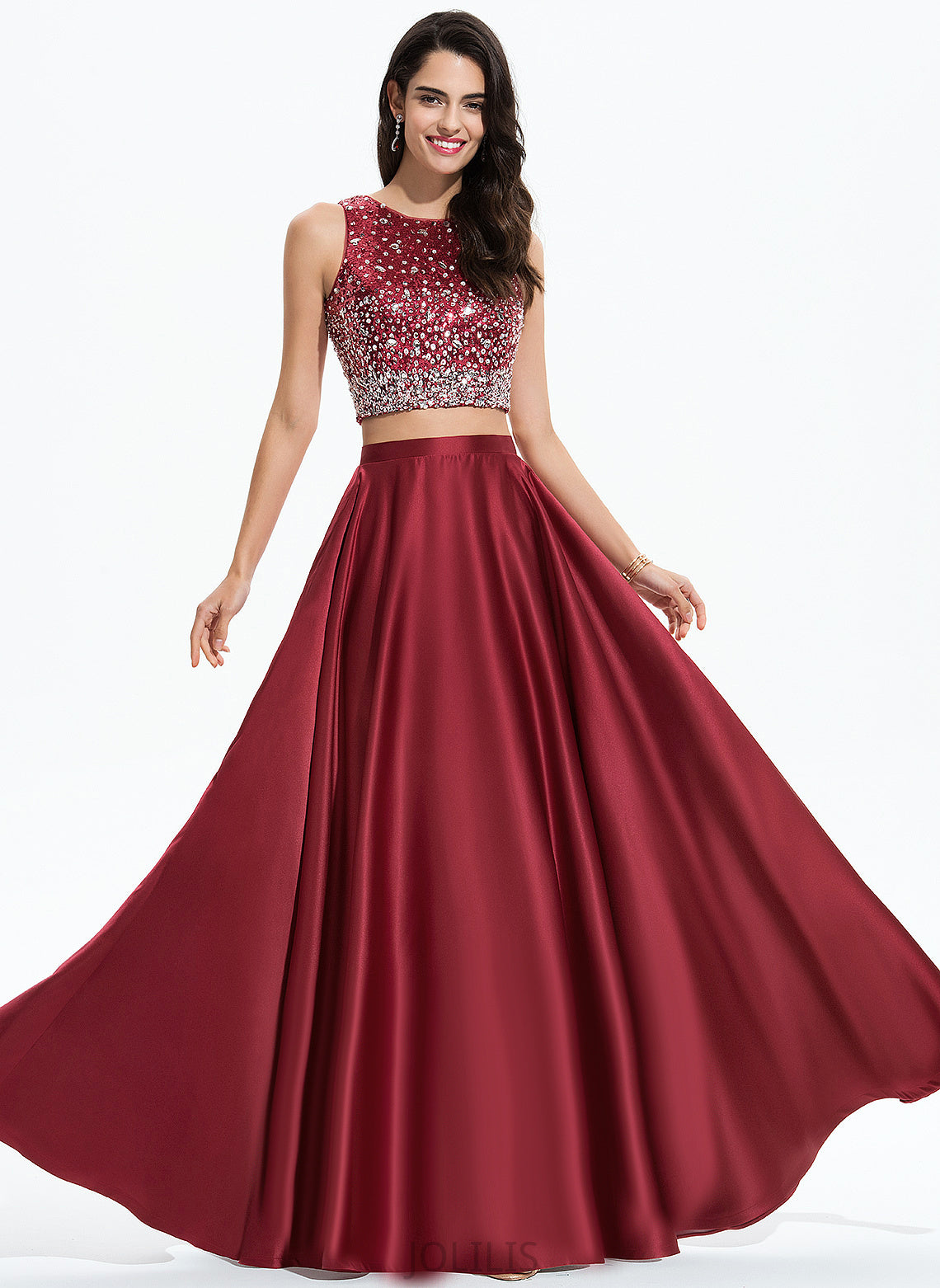 Scoop With Satin Sally Beading Floor-Length Prom Dresses A-Line Sequins