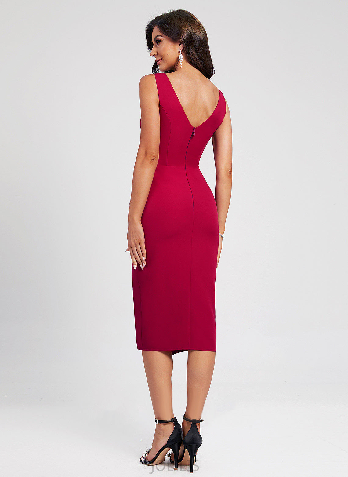 V-neck Crepe With Stretch Sheath/Column Dress Ruffle Split Front Homecoming Dresses Knee-Length Izabelle Homecoming