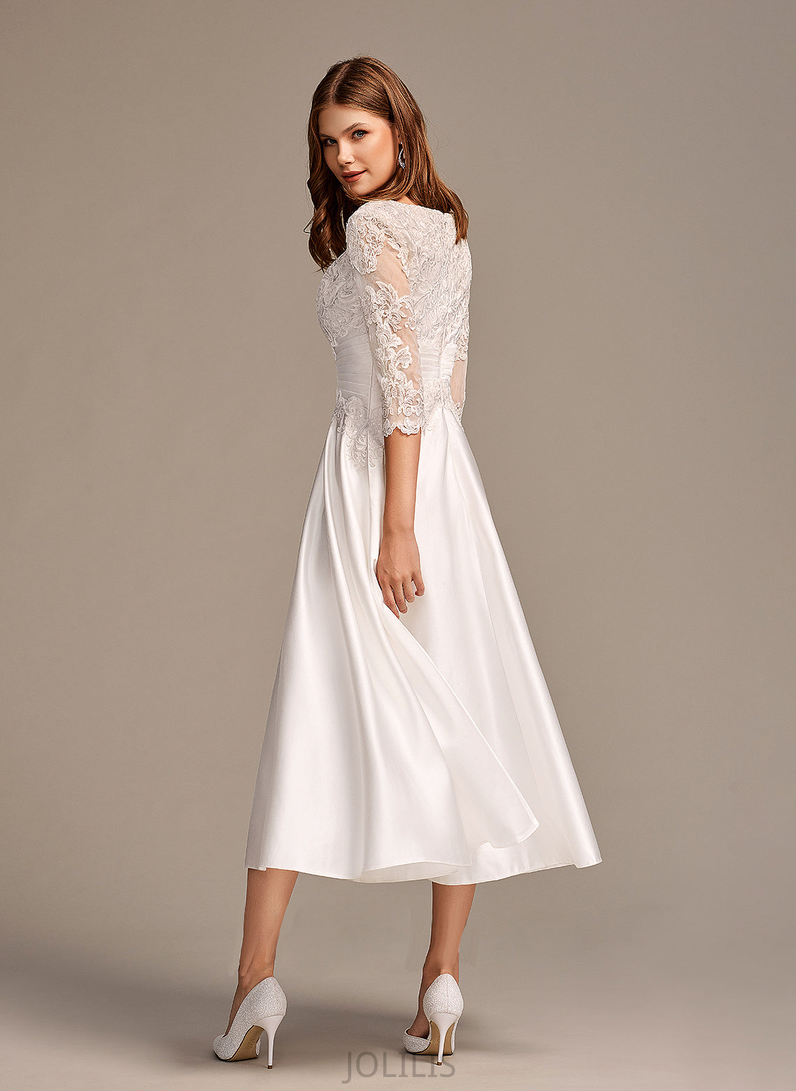 Dress Scoop Tracy Neck Tea-Length Pockets Wedding With Wedding Dresses A-Line