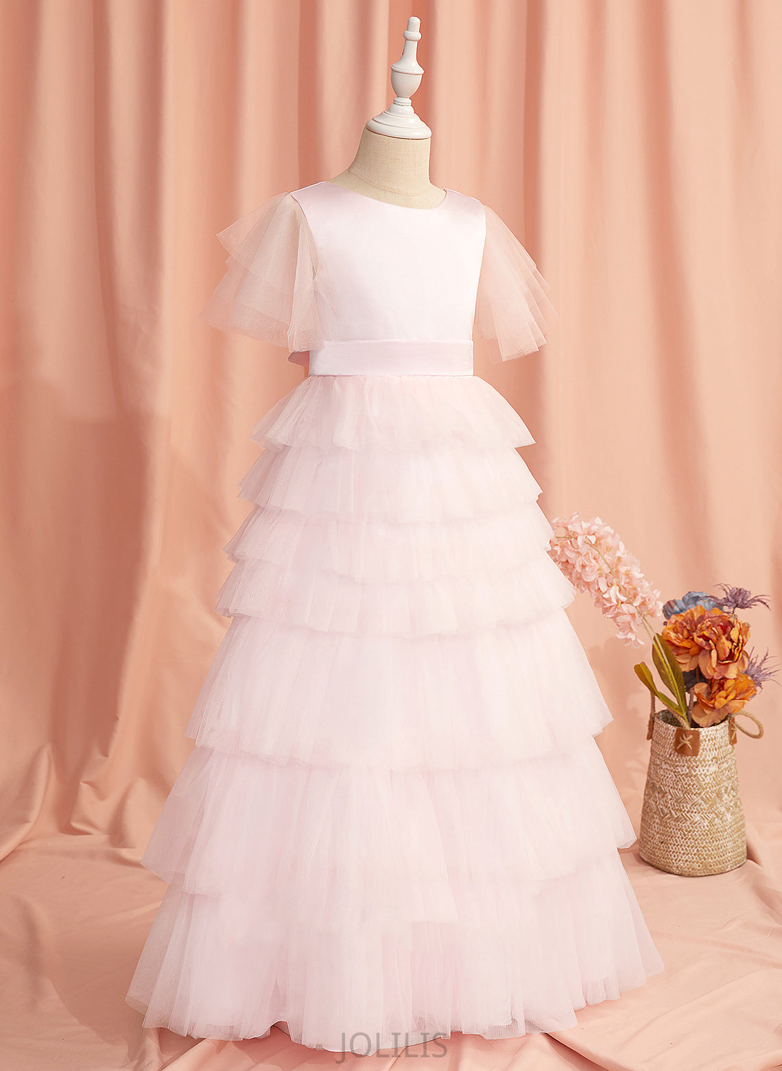 Flower Girl Dresses Girl Short Dress Kamora Ball-Gown/Princess With Ruffles/V Flower Tulle Back Scoop Floor-length Sleeves - Neck