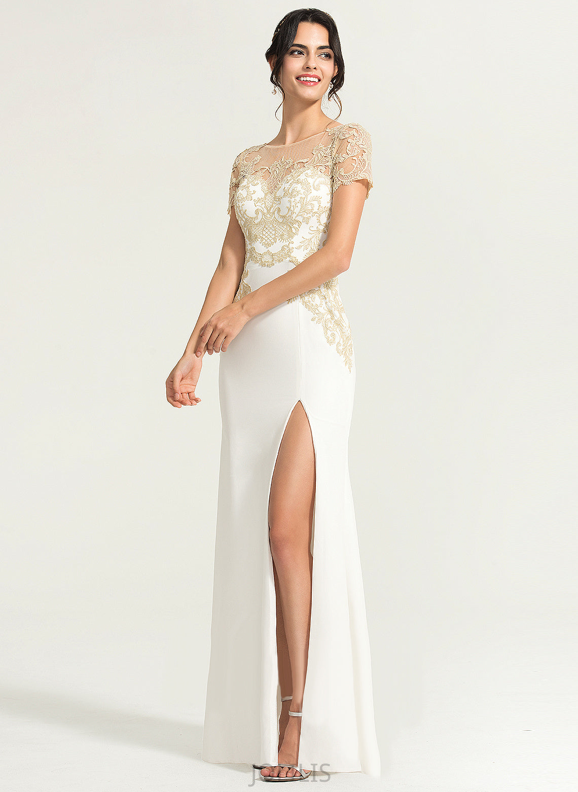 With Stretch Floor-Length Scoop Crepe Neck Sheath/Column Jess Front Dress Lace Wedding Dresses Split Wedding