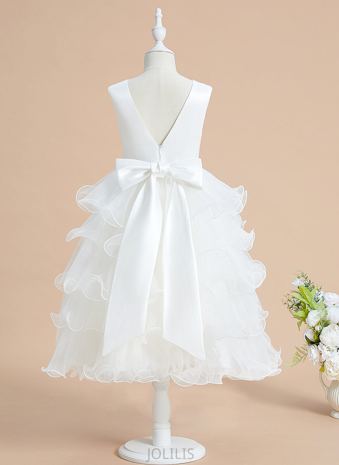 Satin/Tulle Sleeveless Tea-length Flower Girl Dresses Bow(s) Ball-Gown/Princess Girl Dress With - Flower Yuliana V-neck