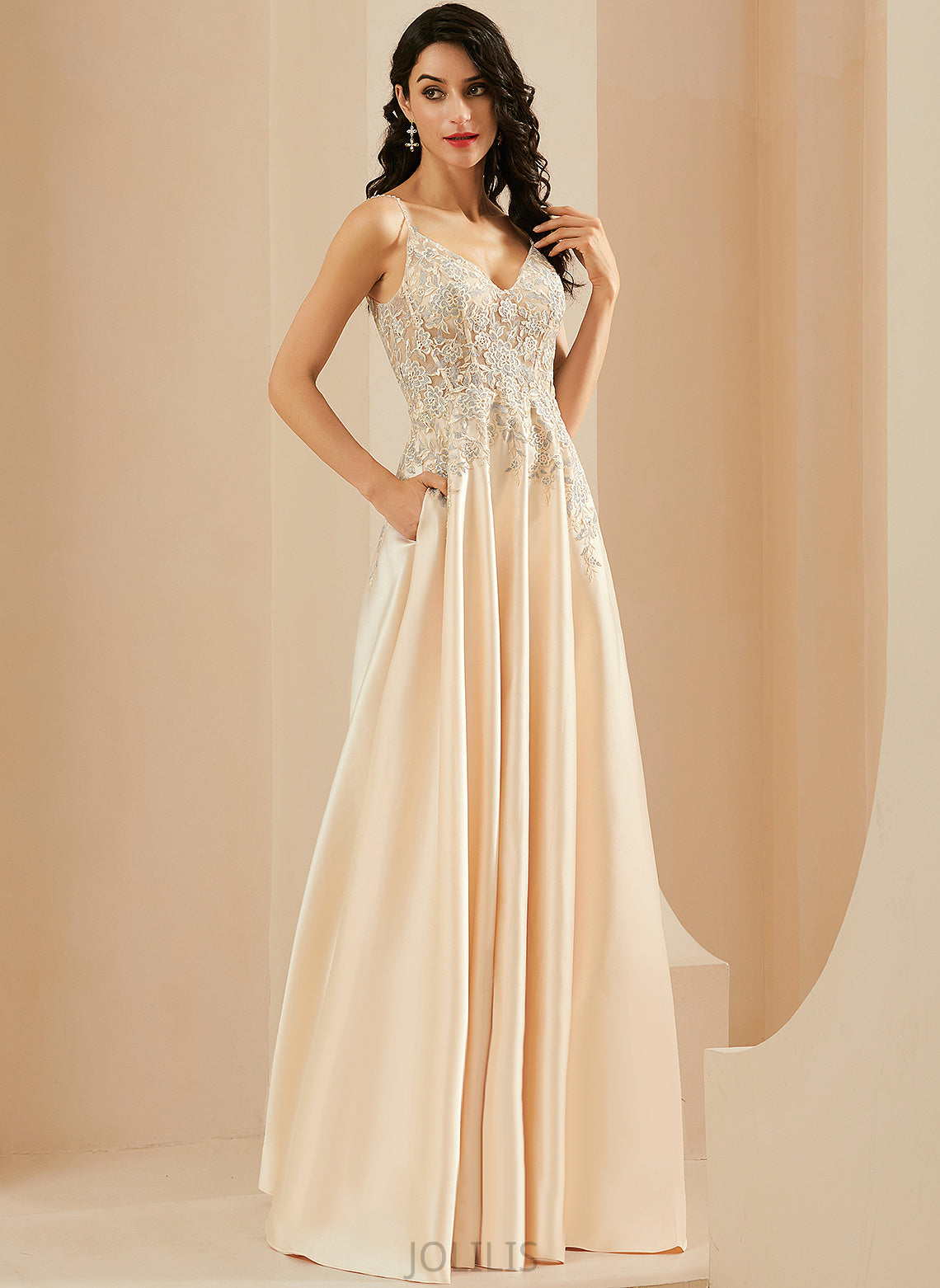 Lace Floor-Length V-neck Prom Dresses Emilia Satin A-Line