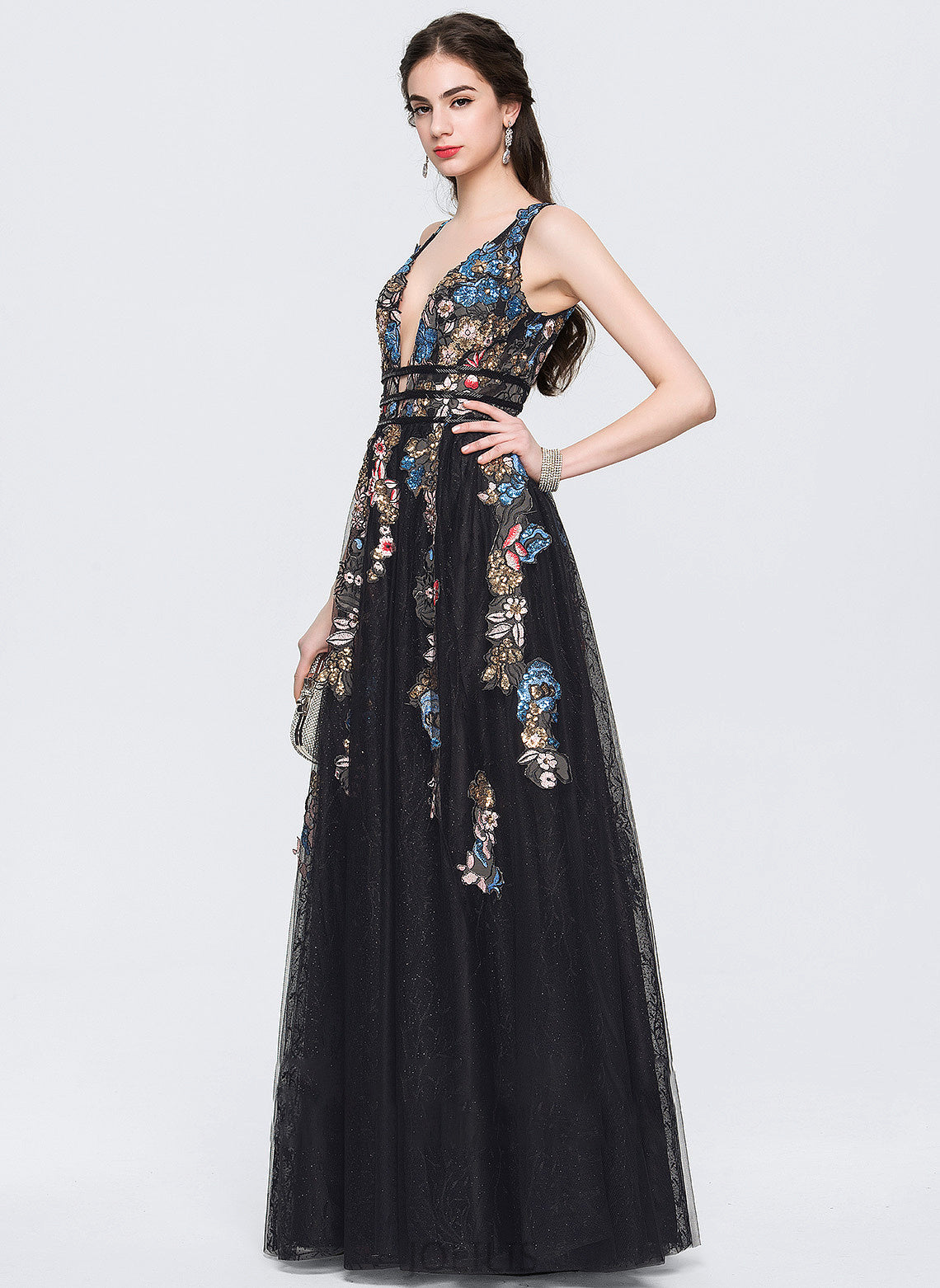 Lace With V-neck Beading A-Line Tulle Floor-Length Sequins Nadia Prom Dresses