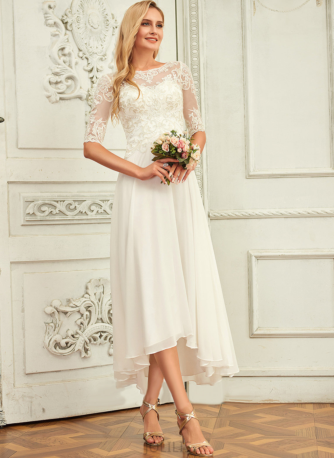 Cristal Dress Lace Sequins Wedding Dresses Neck Asymmetrical A-Line Wedding Beading With Scoop Chiffon