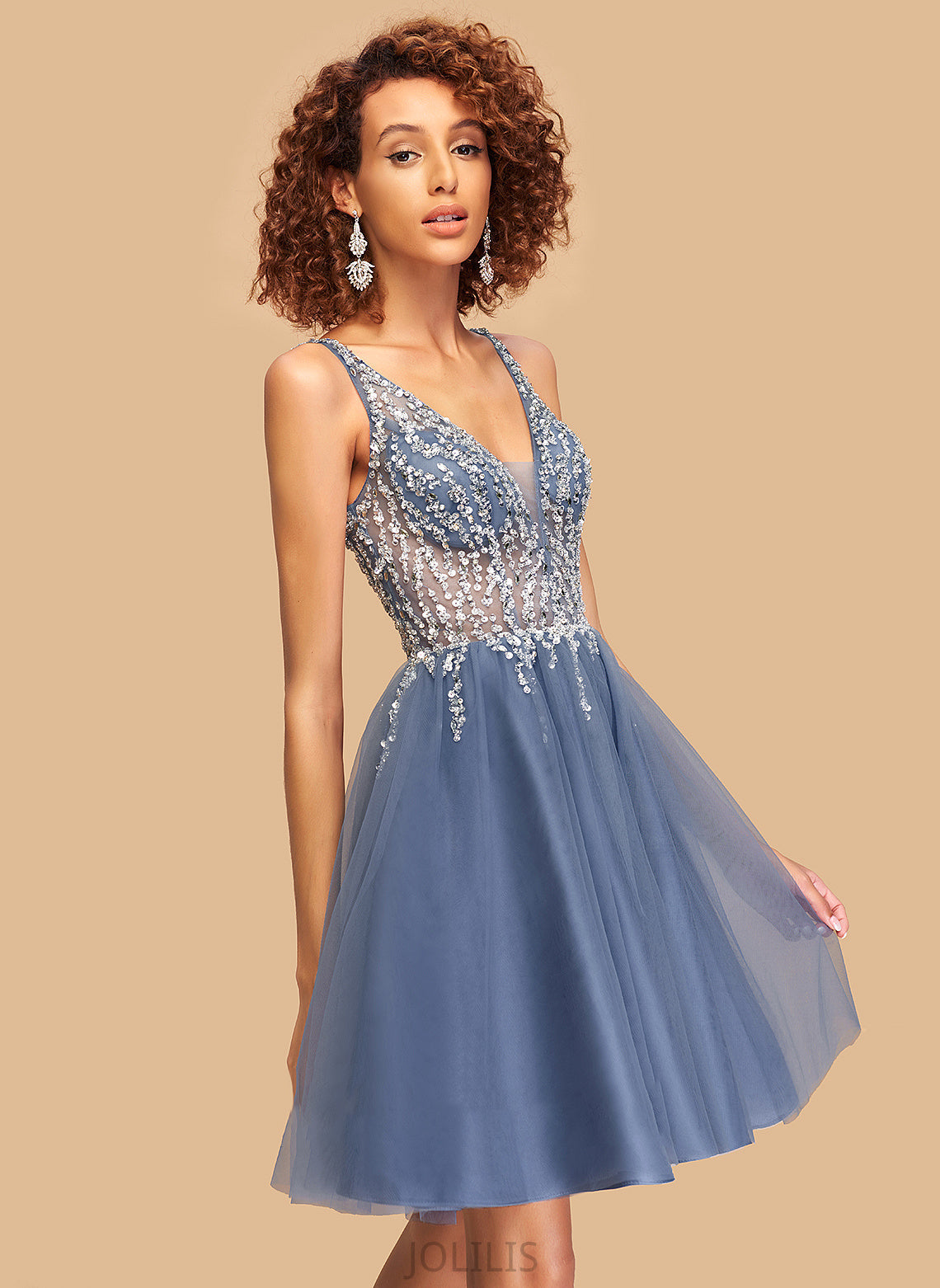 Homecoming Beading With Short/Mini Sequins Dress Tulle Homecoming Dresses A-Line Gill V-neck