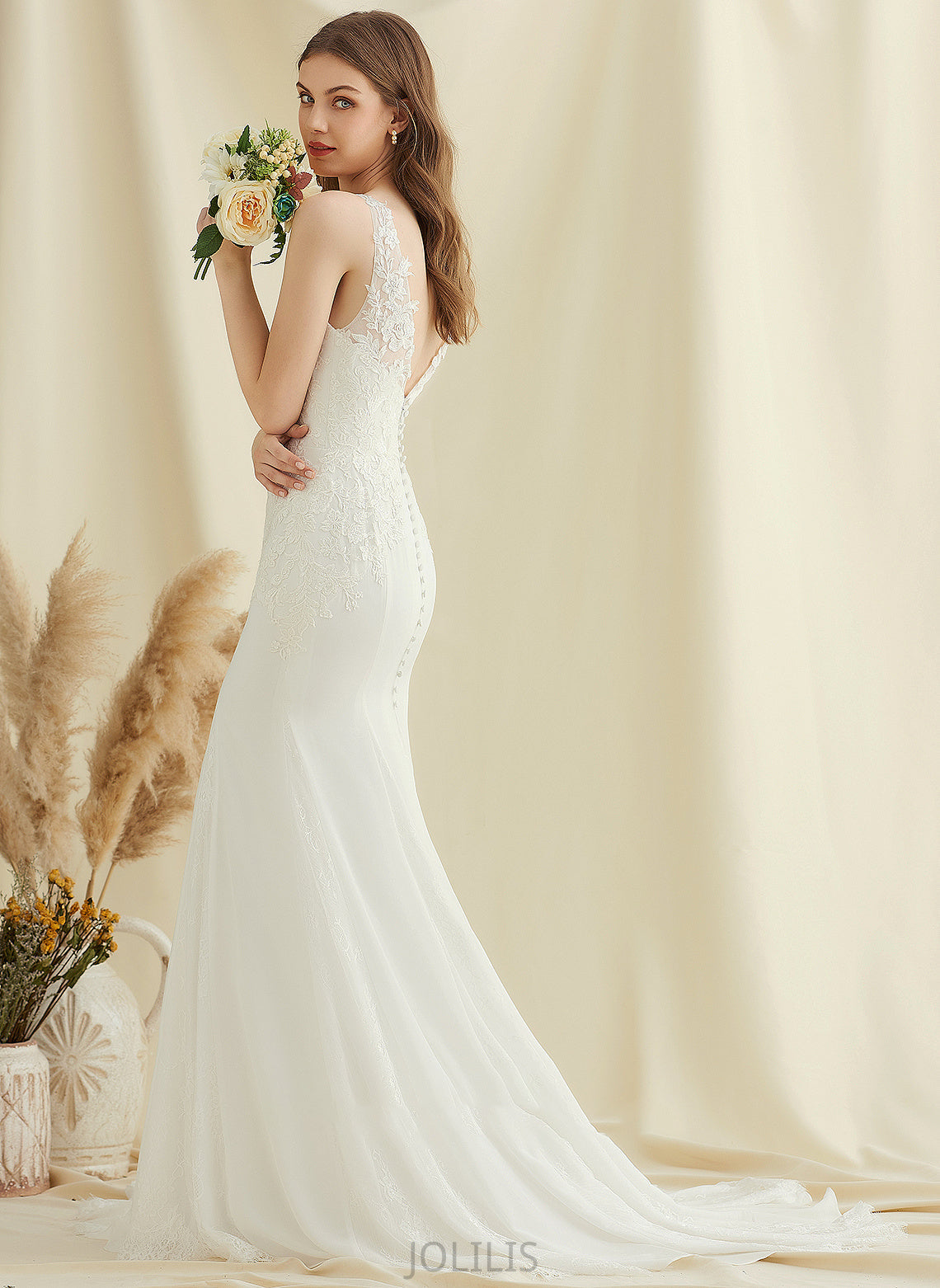 Train Trumpet/Mermaid Wedding Dress Court V-neck Chiffon Lace Liberty Wedding Dresses