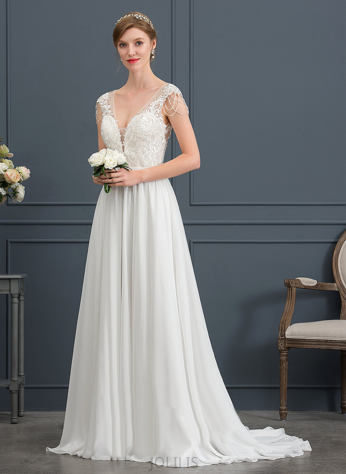 Dress Sequins Amani V-neck A-Line Sweep Train Chiffon With Wedding Lace Beading Wedding Dresses