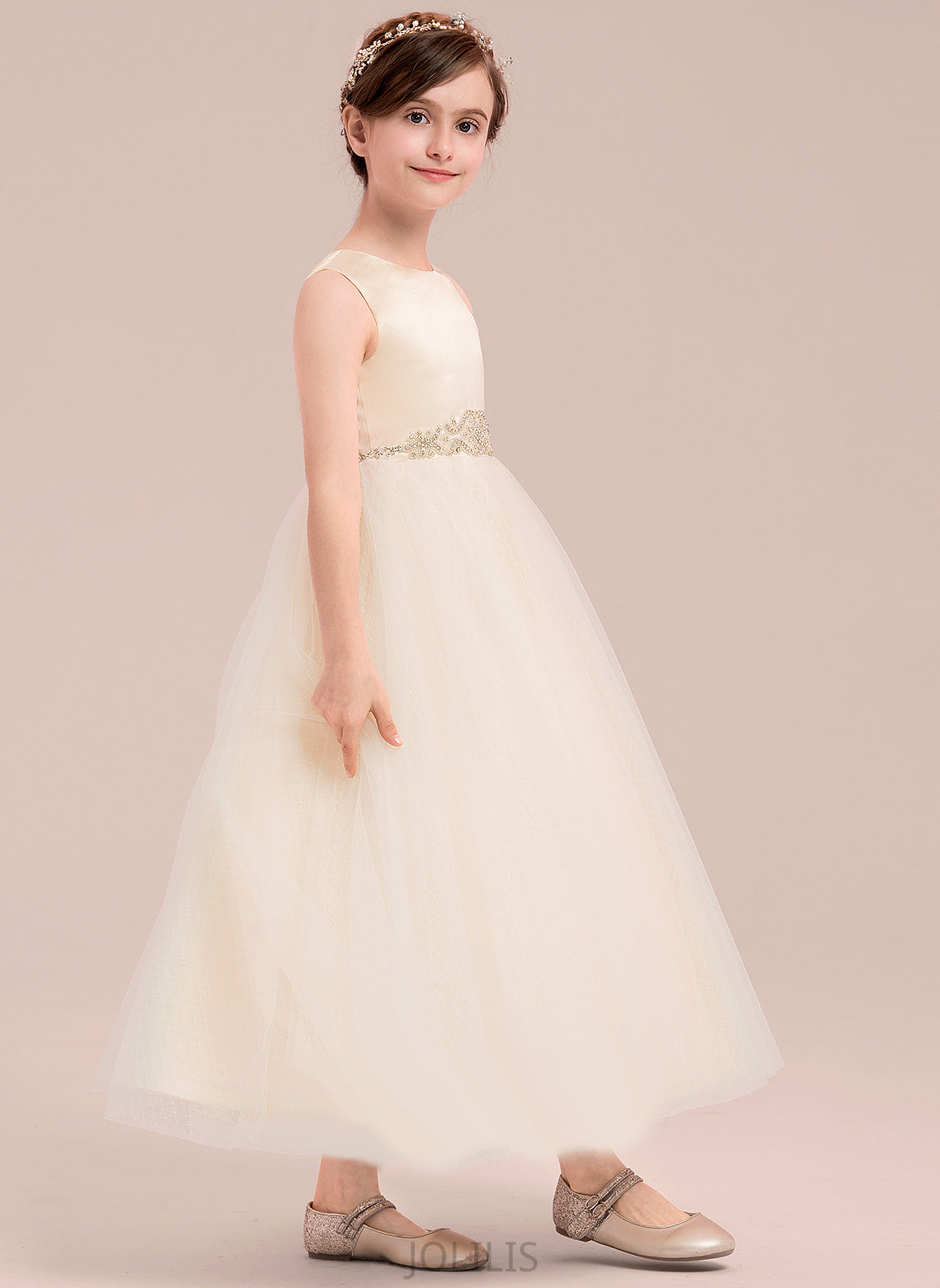 '- Mandy Scoop Beading Satin/Tulle Ankle-length With Girl Flower Girl Dresses Dress Sleeveless Flower A-Line Neck