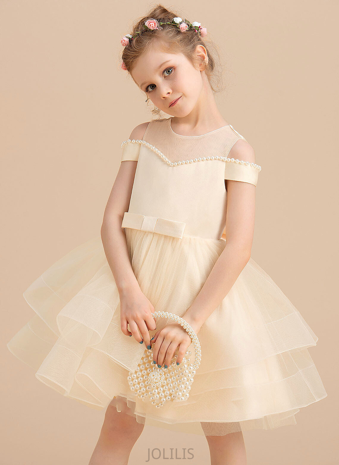 Ball-Gown/Princess Satin/Tulle With Scoop Flower Girl Dresses Flower Dress Beading/Bow(s) Sleeveless Knee-length - Madilynn Girl Neck